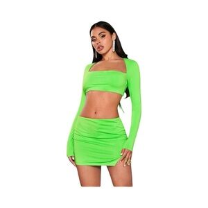 Neon green Square Neck Crop Top & Split Hem Skirt Set/ 8/10(L)